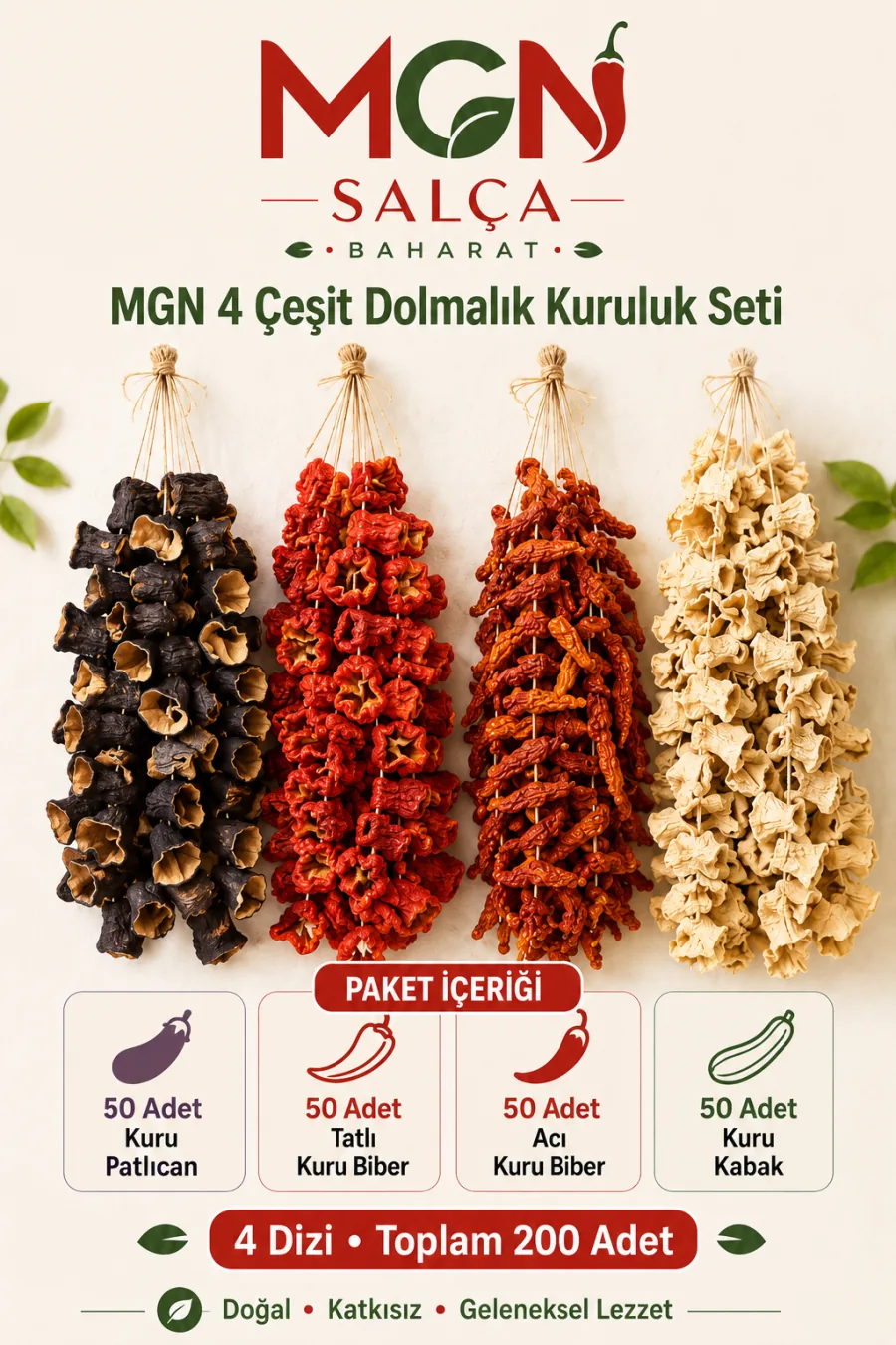 MGN Dolmalık Kuruluk Seti 200 Adet Patlıcan Tatlı Acı Biber ve Kabak 4 Dizi