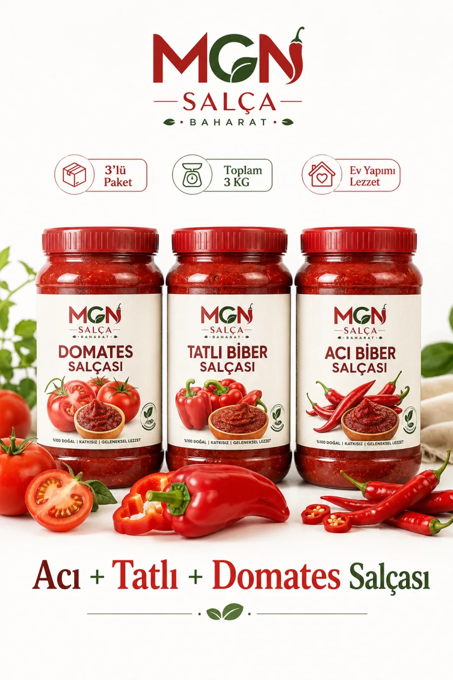 MGN Gaziantep Salça Seti 3 KG Domates Tatlı Biber ve Acı Biber Salçası Cam Kavanoz